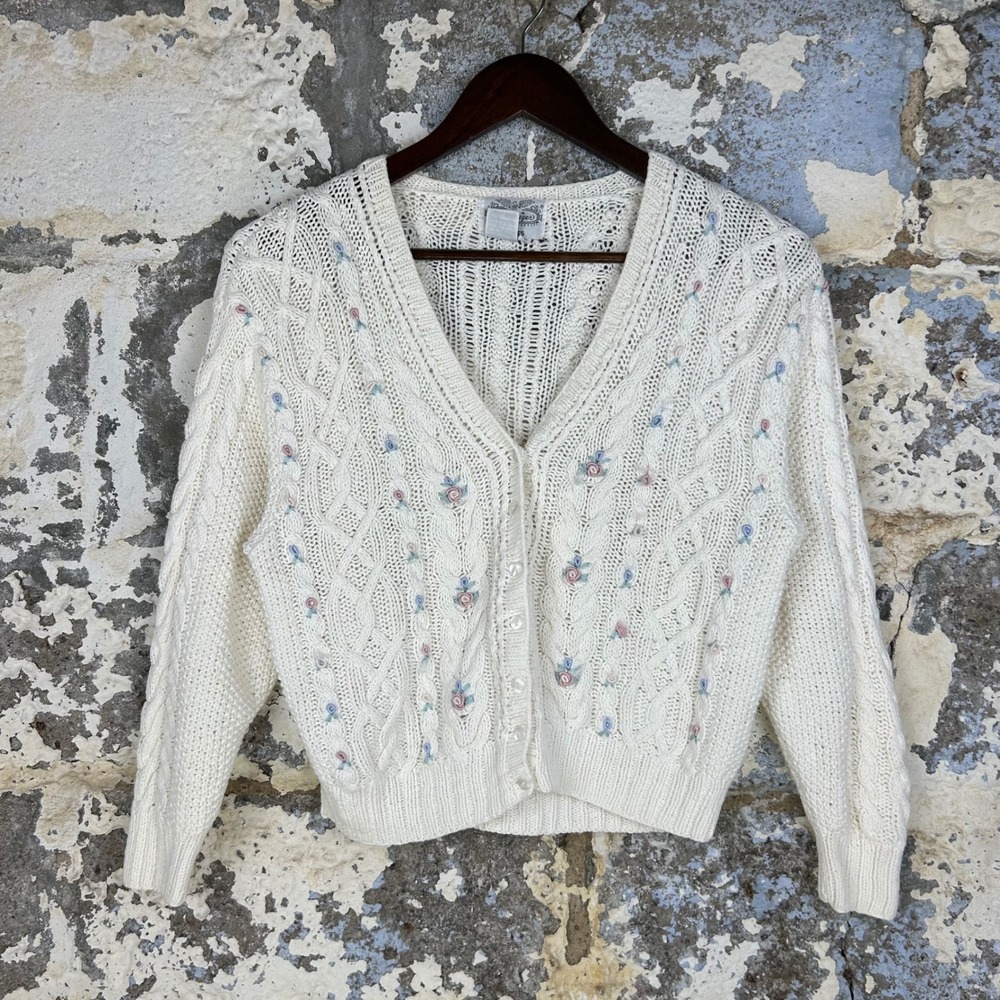Vintage The Villager Cardigan Cream Floral Linen Cable Knit Sweater Women PS